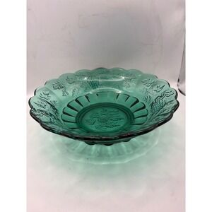 Fenton Teal Green Pressed Glass Grape Leaf Scalloped Serving Bowl MCM 10 Inch
